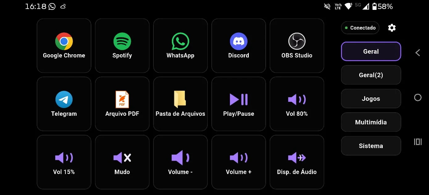 Aplicativo Grinax no Android em paisagem e tema escuro