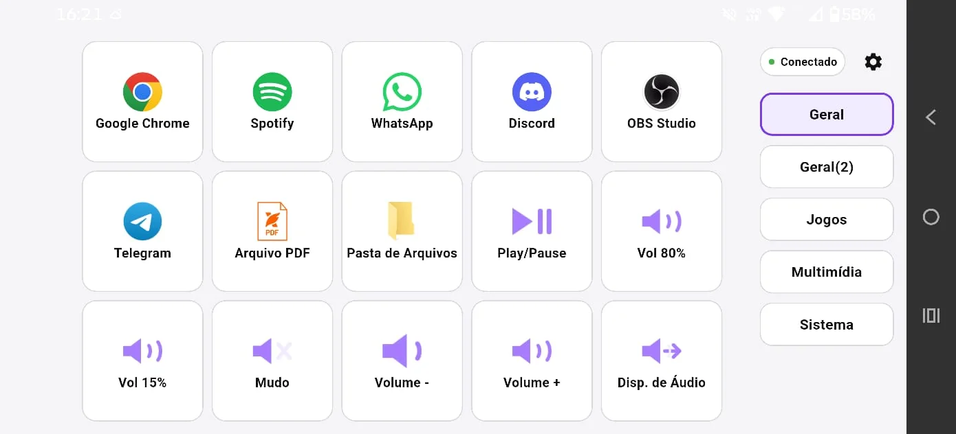 Aplicativo Grinax no Android em paisagem e tema claro