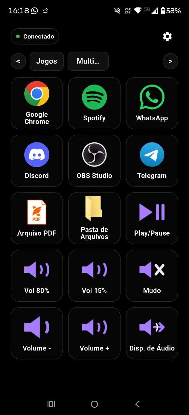 Aplicativo Grinax no Android em tema escuro