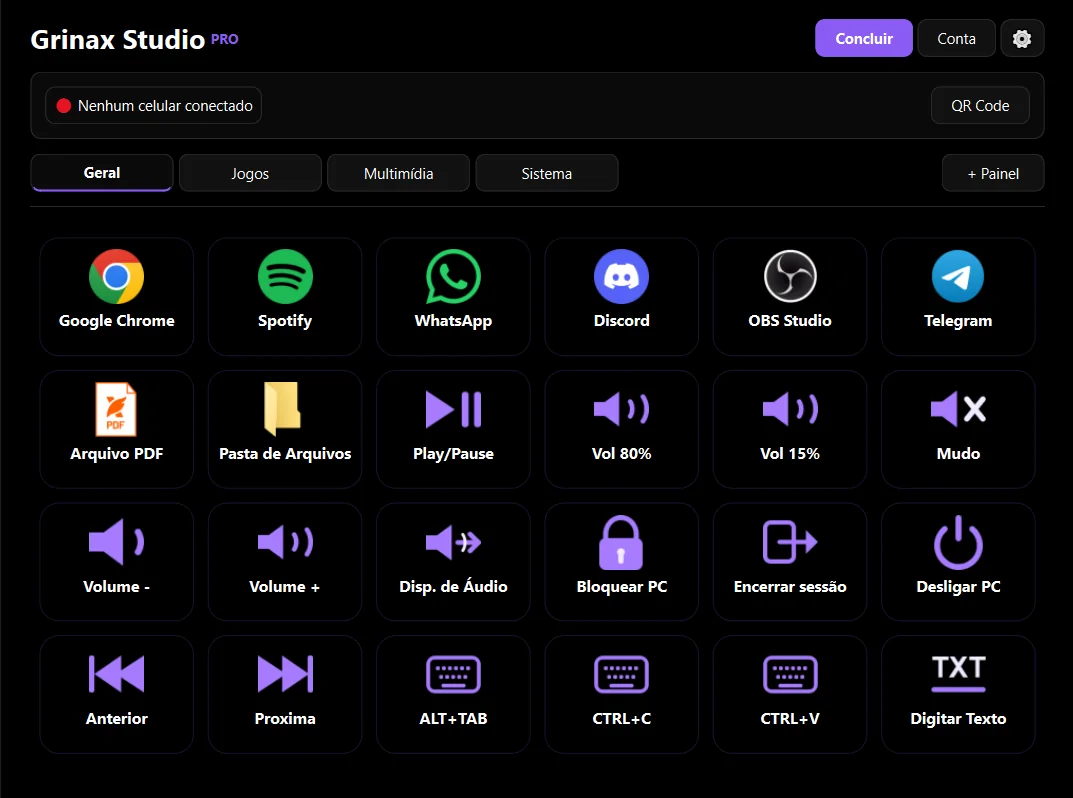 Grinax Studio em tema escuro com botões configurados