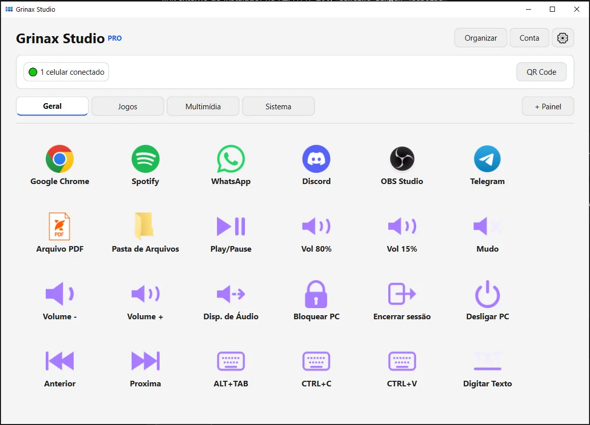 Grinax Studio em tema claro com botões configurados